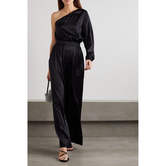 Rivet Utility Flirt Jumpsuit Black Satin One Shoulder Wide Leg Sz‎ XL - Picture 1 of 12